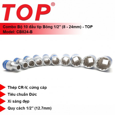 Combo 10 Đầu Tuýp Bông 1/2" (12 Cạnh) 8-24mm TOP