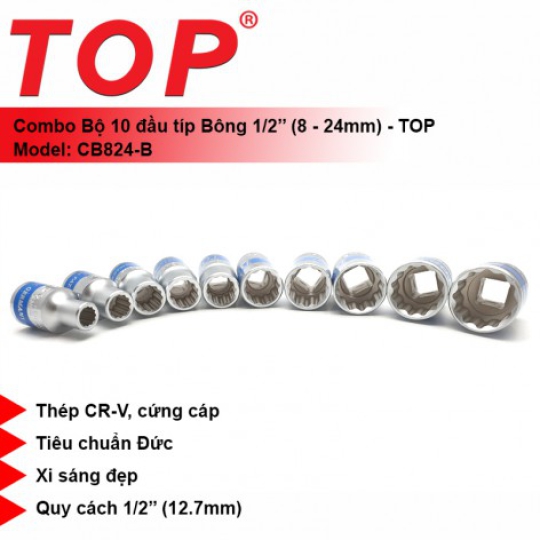 Combo 10 Đầu Tuýp Bông 1/2" (12 Cạnh) 8-24mm TOP